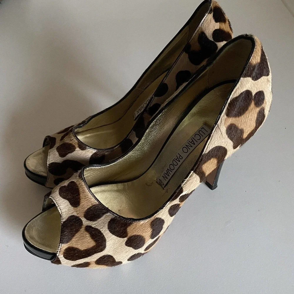 Luciano Padovan Peep Toe Pump Pony Hair Calf Animal Print Leopard Cheeta…